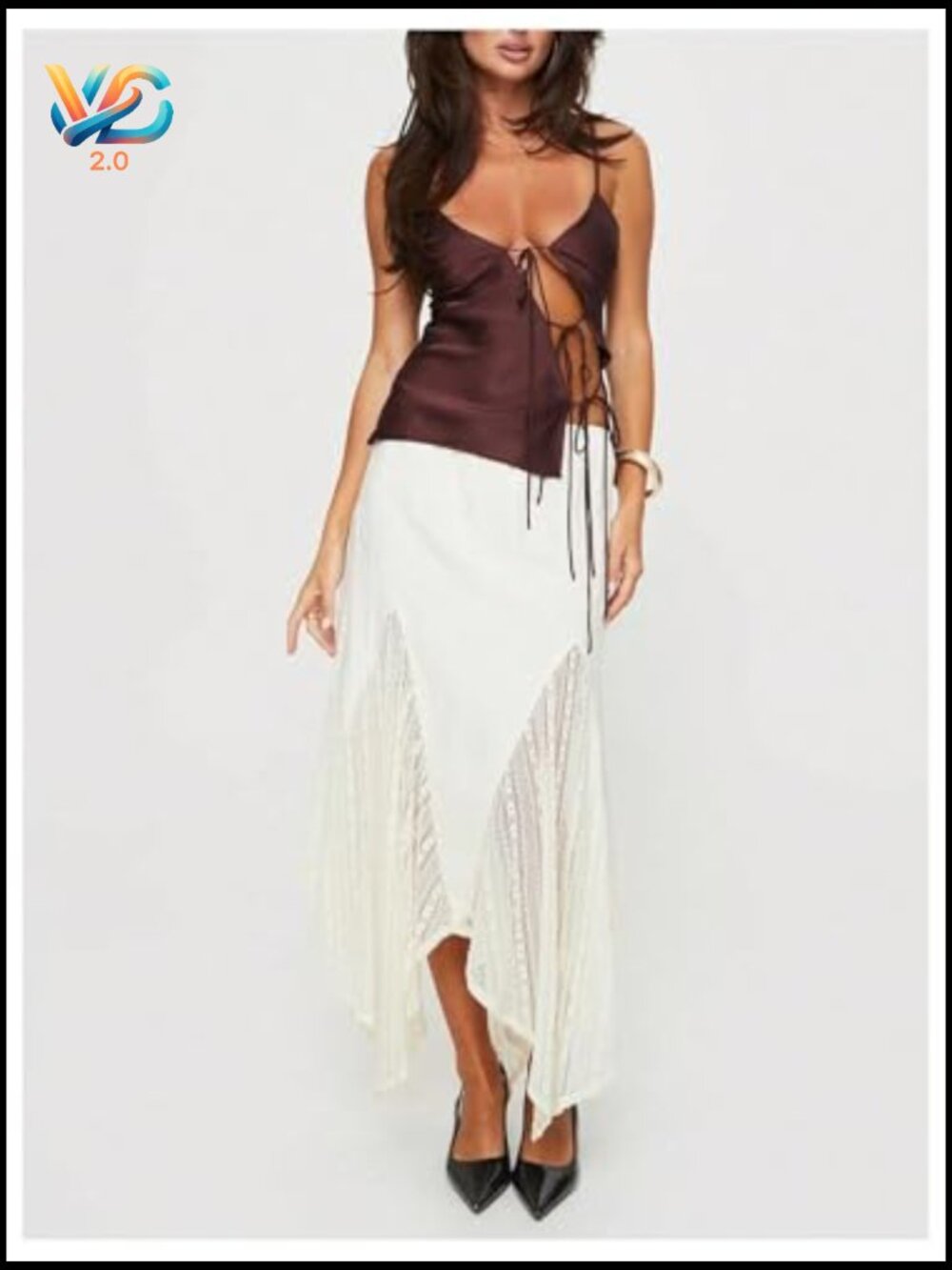 Satin Camisole Top Tie Front V Neck Asymmetrical Hem Y2K Clubwear - Picture 5 of 5